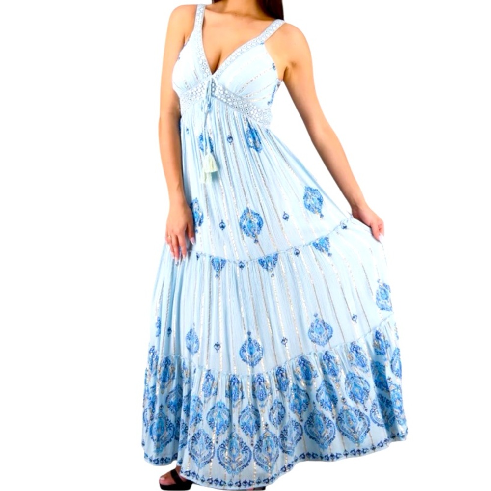 Advance Apparels Light Blue and White Maxi Dress blingy